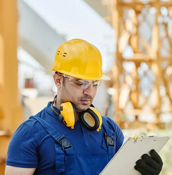 Construction worker wearing a yellow safety helmet and glasses, reading a clipboard at a construction site for NuReady Health Network.